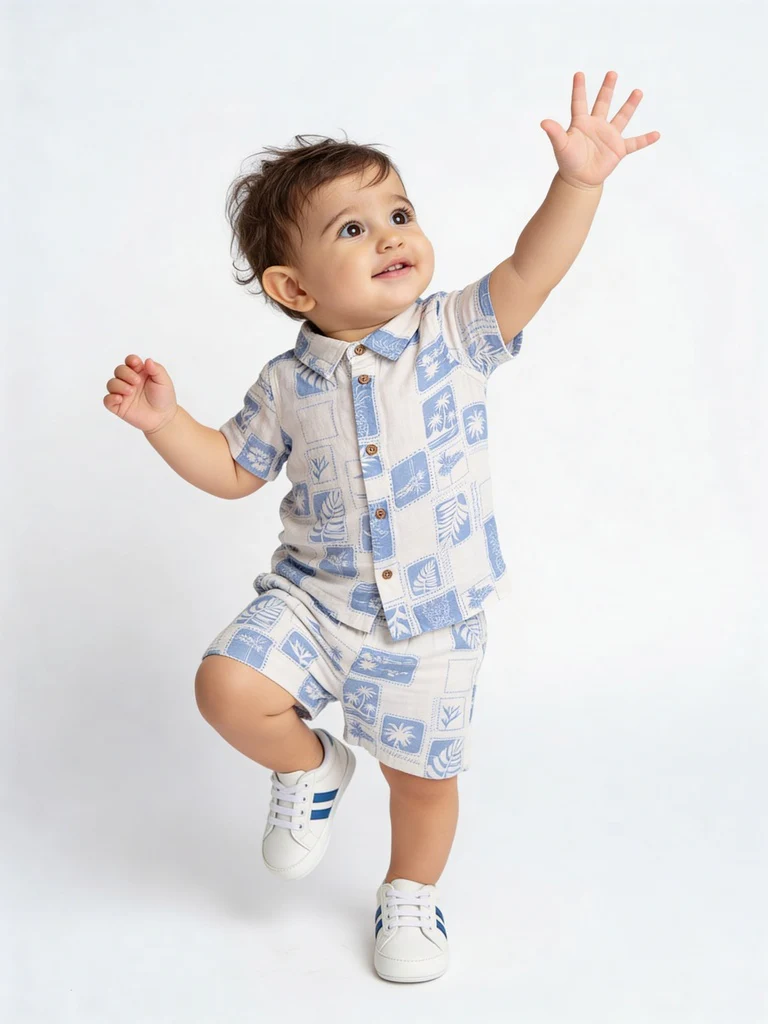 HOP Baby Boys Blue Printed Cotton Shirt and Shorts Set