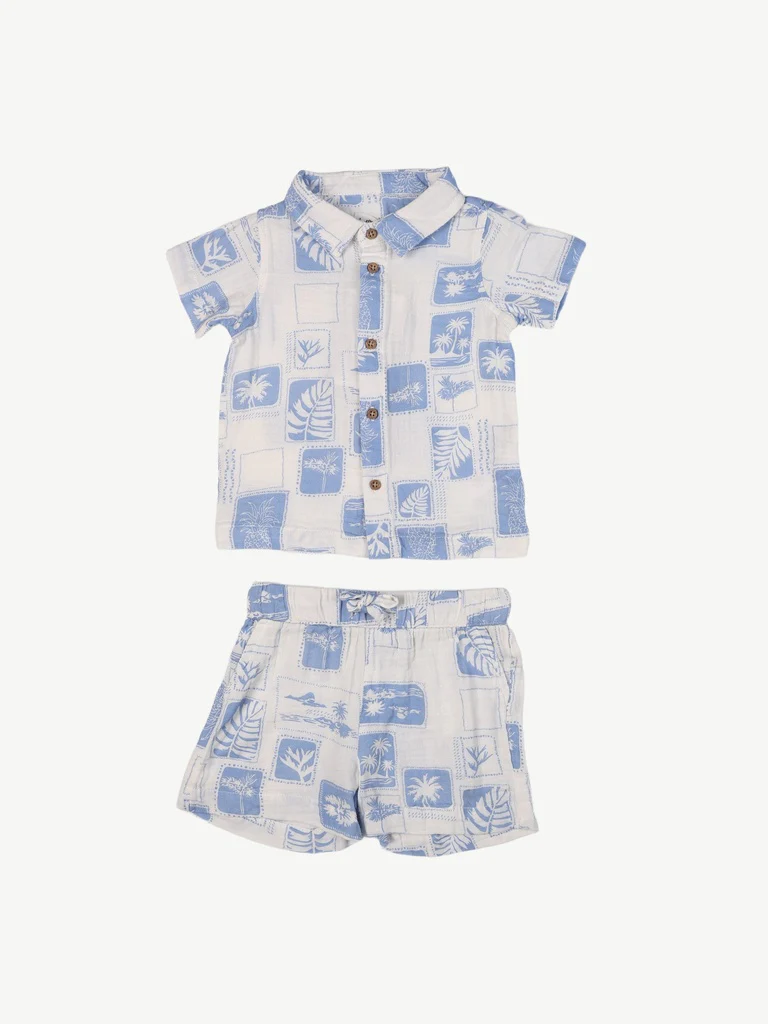 HOP Baby Boys Blue Printed Cotton Shirt and Shorts Set - Image 2