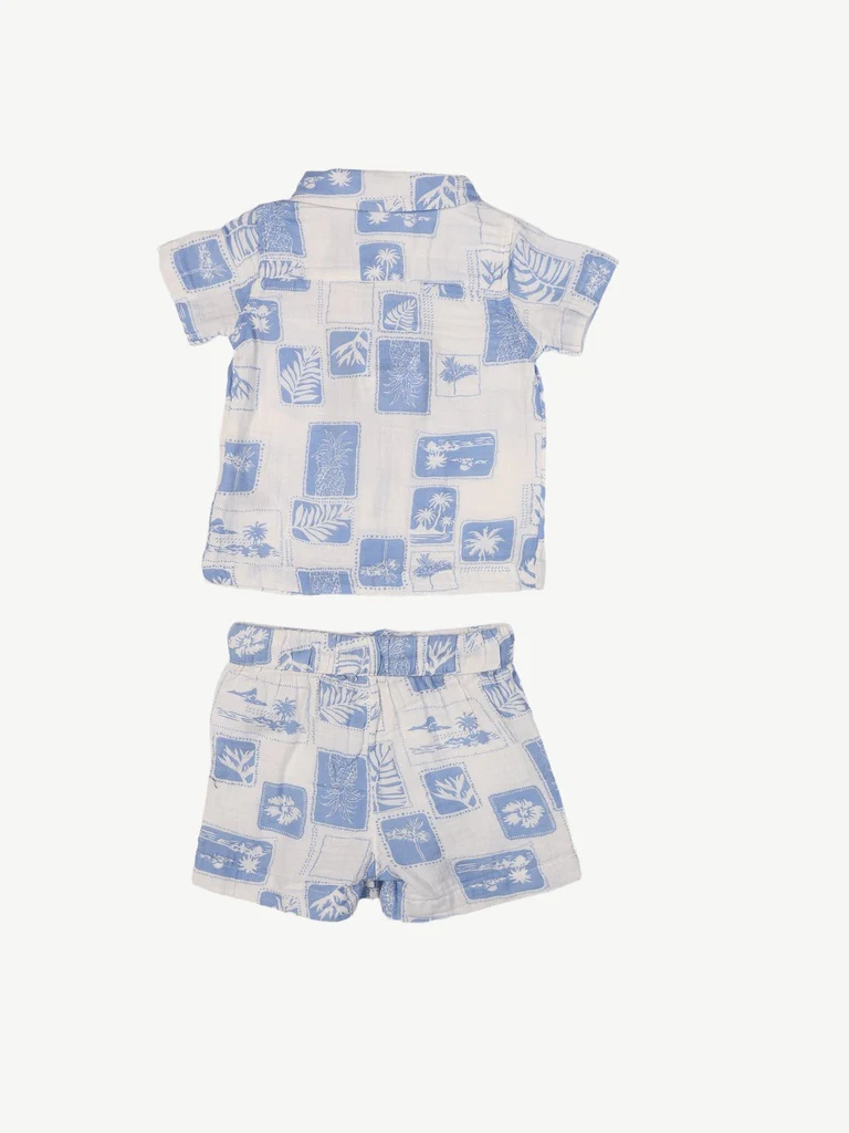 HOP Baby Boys Blue Printed Cotton Shirt and Shorts Set - Image 3