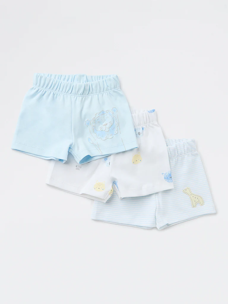 HOP Baby Boys Blue Printed Cotton Shorts - Pack of 3 - Image 2