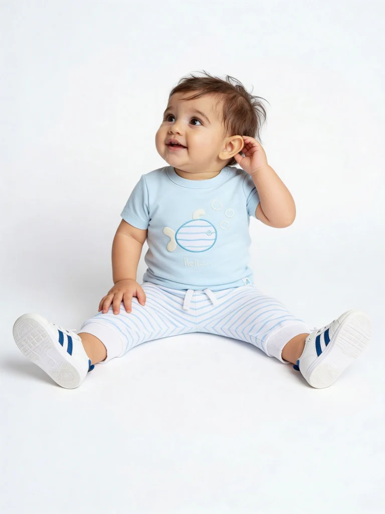 HOP Baby Boys Blue Printed Cotton T-Shirt and Joggers Set