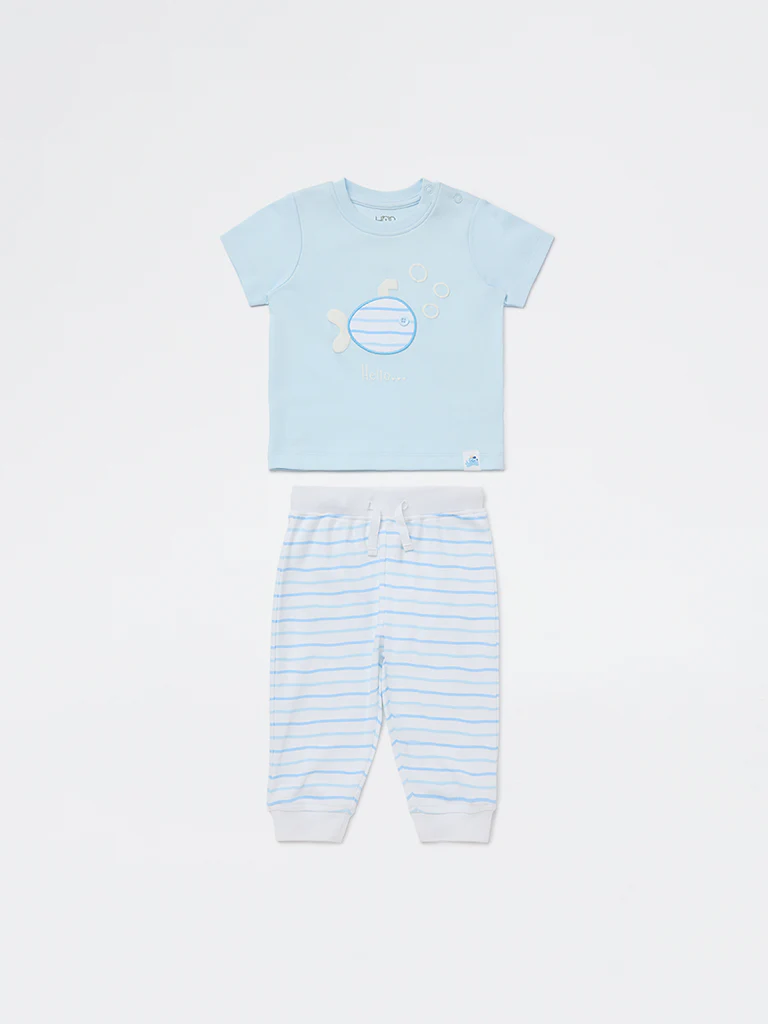HOP Baby Boys Blue Printed Cotton T-Shirt and Joggers Set - Image 2