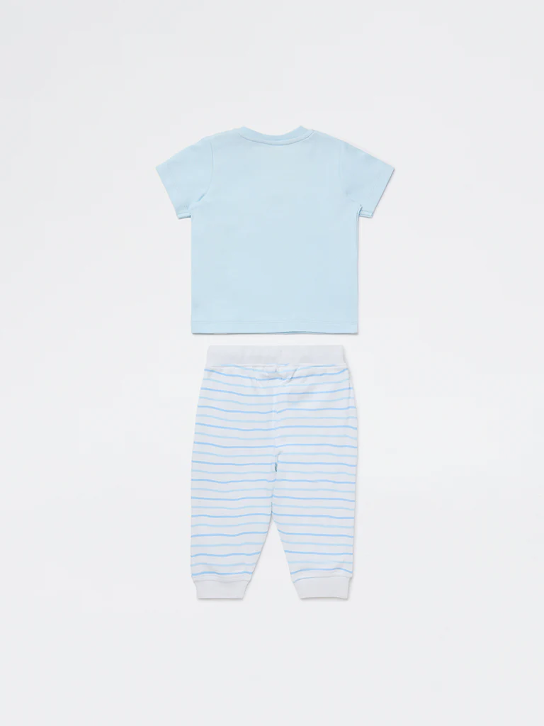 HOP Baby Boys Blue Printed Cotton T-Shirt and Joggers Set - Image 3