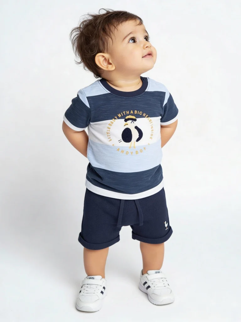 HOP Baby Boys Blue Printed Cotton T-Shirt and Shorts Set
