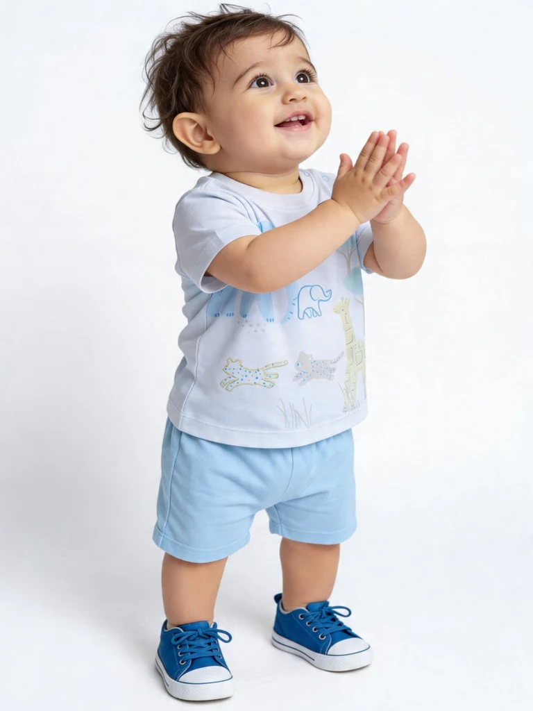 HOP Baby Boys Blue Printed Cotton T-Shirt and Shorts Set