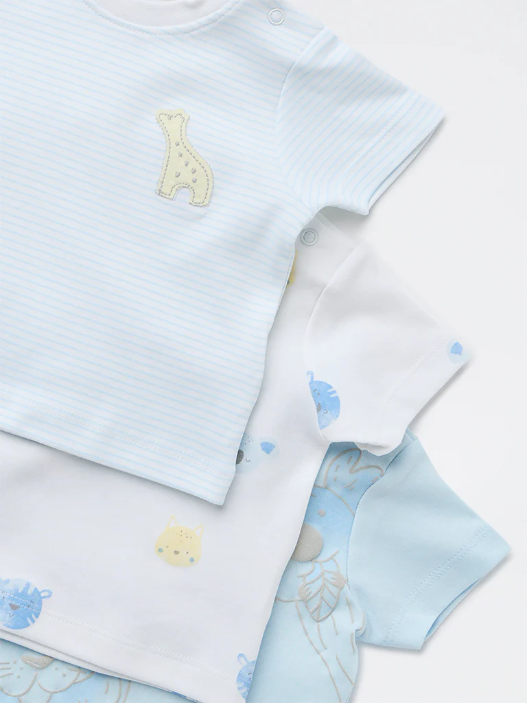 HOP Baby Boys Blue Printed Cotton T-Shirt - Pack of 3 - Image 4