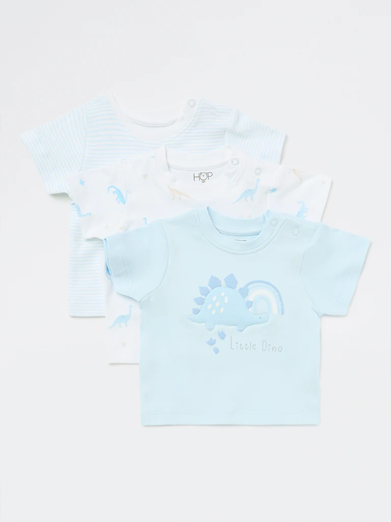 HOP Baby Boys Blue Printed Cotton T-Shirts - Pack of 3 - Image 2
