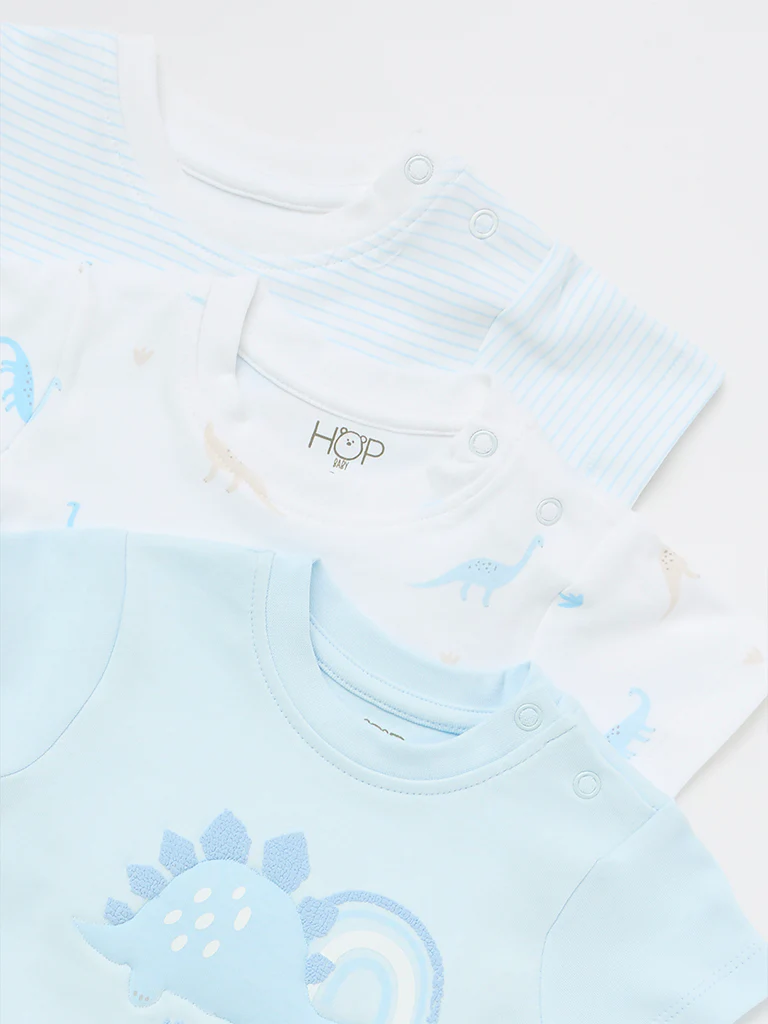 HOP Baby Boys Blue Printed Cotton T-Shirts - Pack of 3 - Image 4