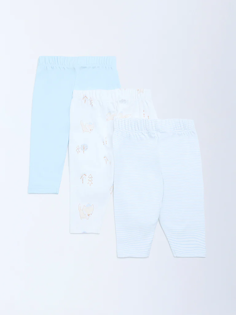 HOP Baby Boys Blue Printed Mid-Rise Cotton Pants - Pack of 3 - Image 3