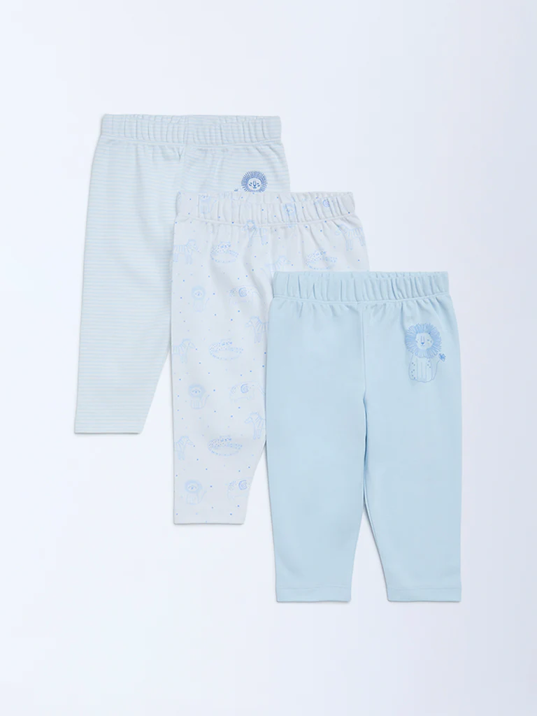 HOP Baby Boys Blue Printed Mid-Rise Cotton Pants - Pack of 3 - Image 2