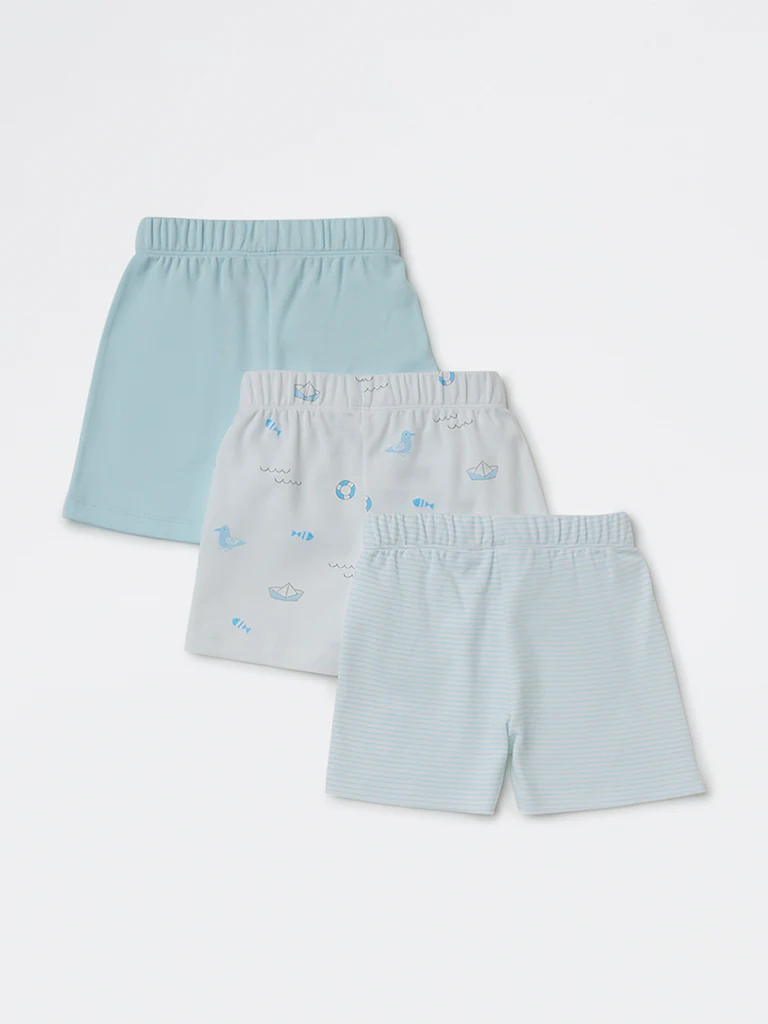 HOP Baby Boys Blue Printed Mid-Rise Cotton Shorts - Pack of 3 - Image 3