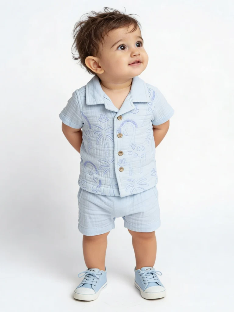 HOP Baby Boys Blue Resort-Fit Cotton Shirt and Shorts Set