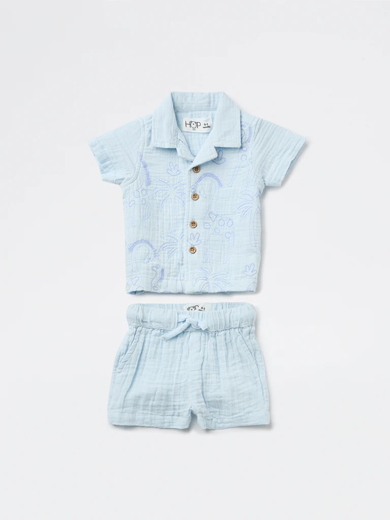HOP Baby Boys Blue Resort-Fit Cotton Shirt and Shorts Set - Image 2
