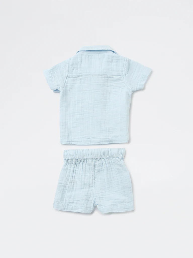 HOP Baby Boys Blue Resort-Fit Cotton Shirt and Shorts Set - Image 3