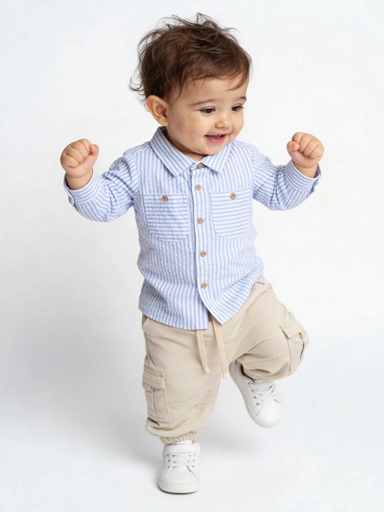 HOP Baby Boys Blue Seerscuker Striped Cotton Shirt