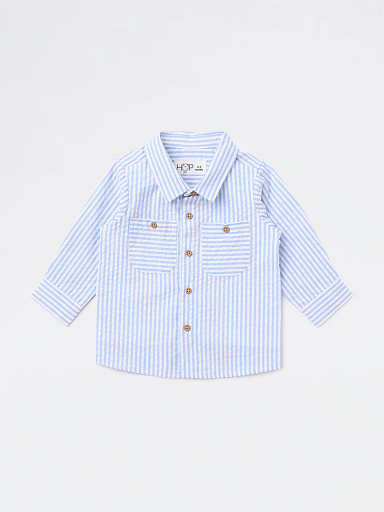 HOP Baby Boys Blue Seerscuker Striped Cotton Shirt - Image 2