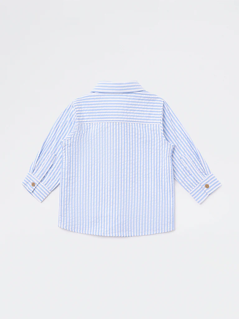 HOP Baby Boys Blue Seerscuker Striped Cotton Shirt - Image 3