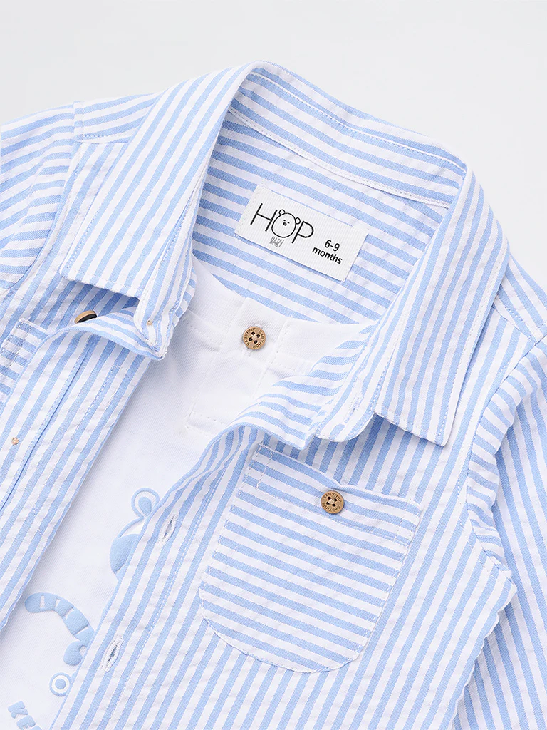 HOP Baby Boys Blue Seerscuker Striped Cotton Shirt - Image 4