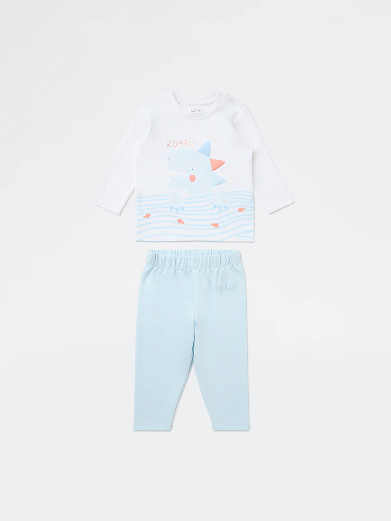 HOP Baby Boys Blue Shark Printed Cotton T-Shirt and Pants Set - Image 2