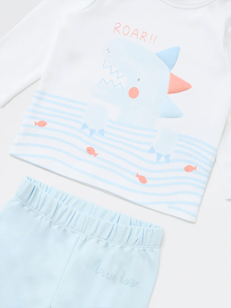 HOP Baby Boys Blue Shark Printed Cotton T-Shirt and Pants Set - Image 4