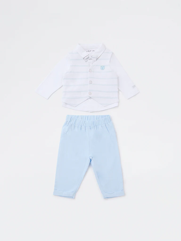 HOP Baby Boys Blue Striped Cotton-Blend Waistcoat, Shirt, Pants and Bow Set - Image 2