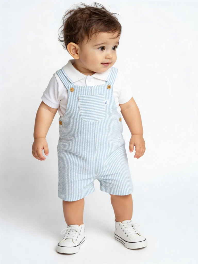 HOP Baby Boys Blue Striped Cotton Dungaree and T-Shirt Set