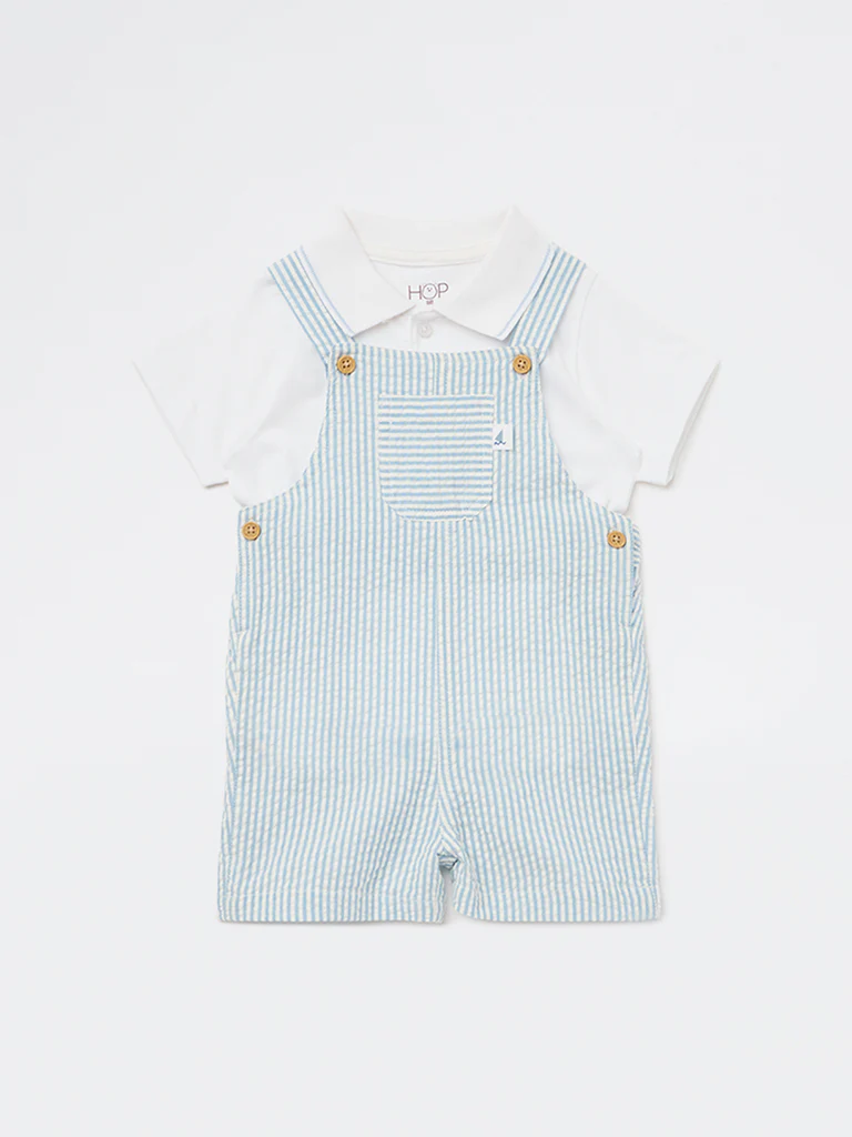 HOP Baby Boys Blue Striped Cotton Dungaree and T-Shirt Set - Image 2