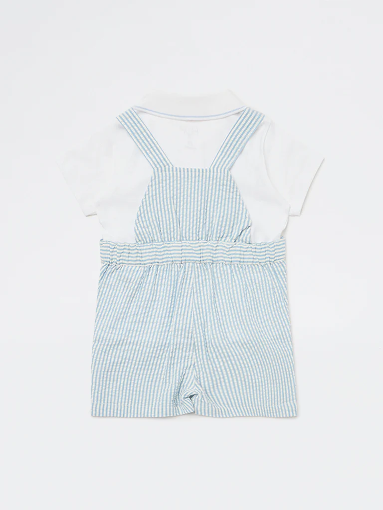 HOP Baby Boys Blue Striped Cotton Dungaree and T-Shirt Set - Image 3