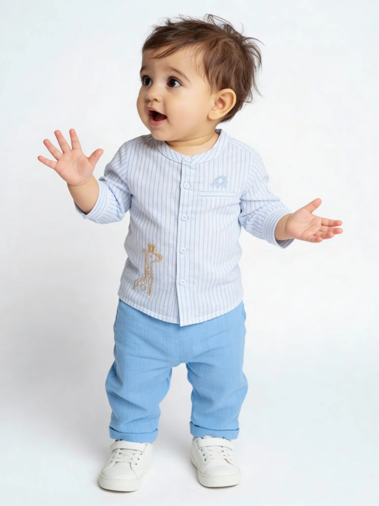 HOP Baby Boys Blue Striped Cotton Shirt and Pants Set