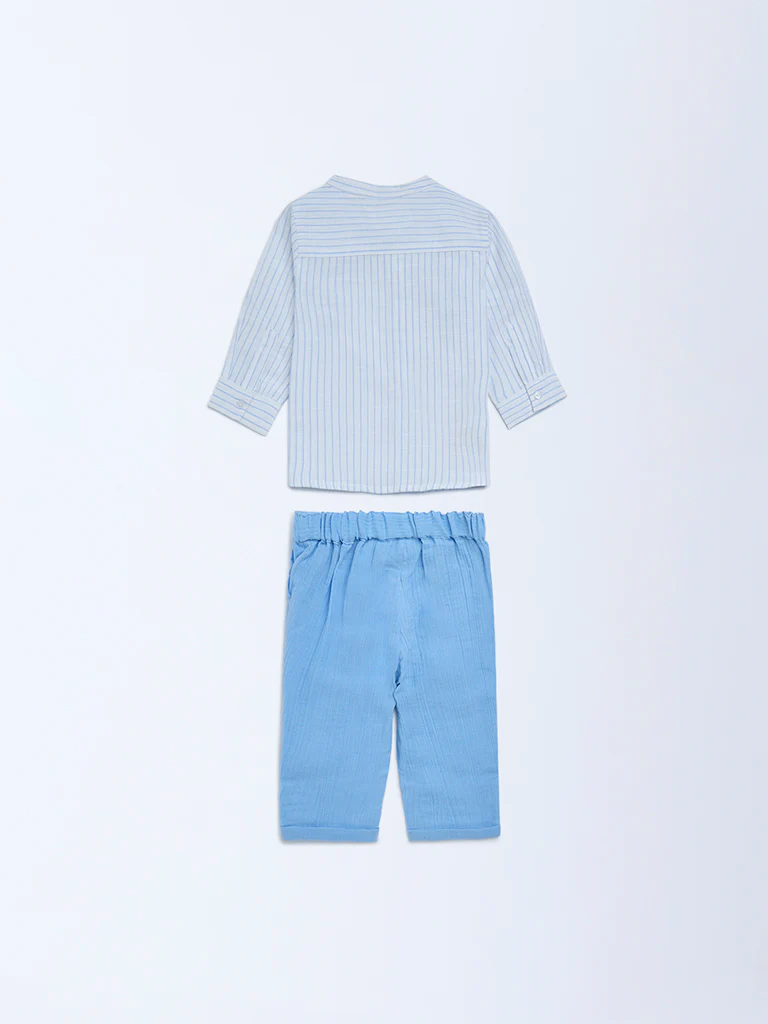 HOP Baby Boys Blue Striped Cotton Shirt and Pants Set - Image 3