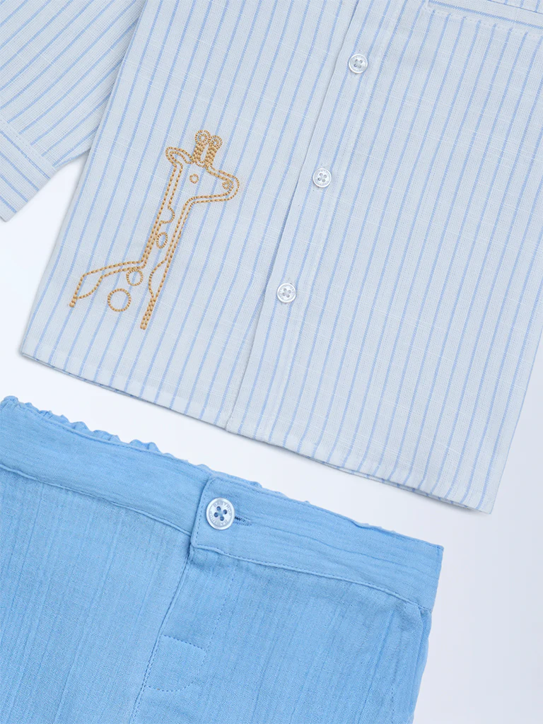 HOP Baby Boys Blue Striped Cotton Shirt and Pants Set - Image 4