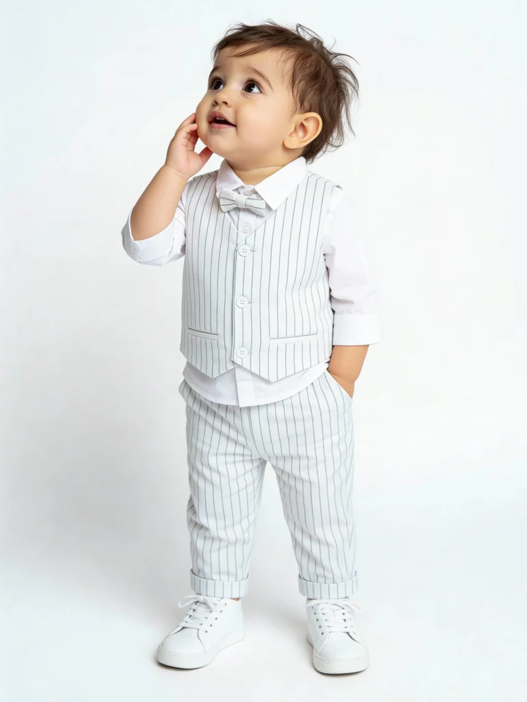 HOP Baby Boys Blue Striped Cotton Shirt, Waistcoat, Trousers & Bow Set