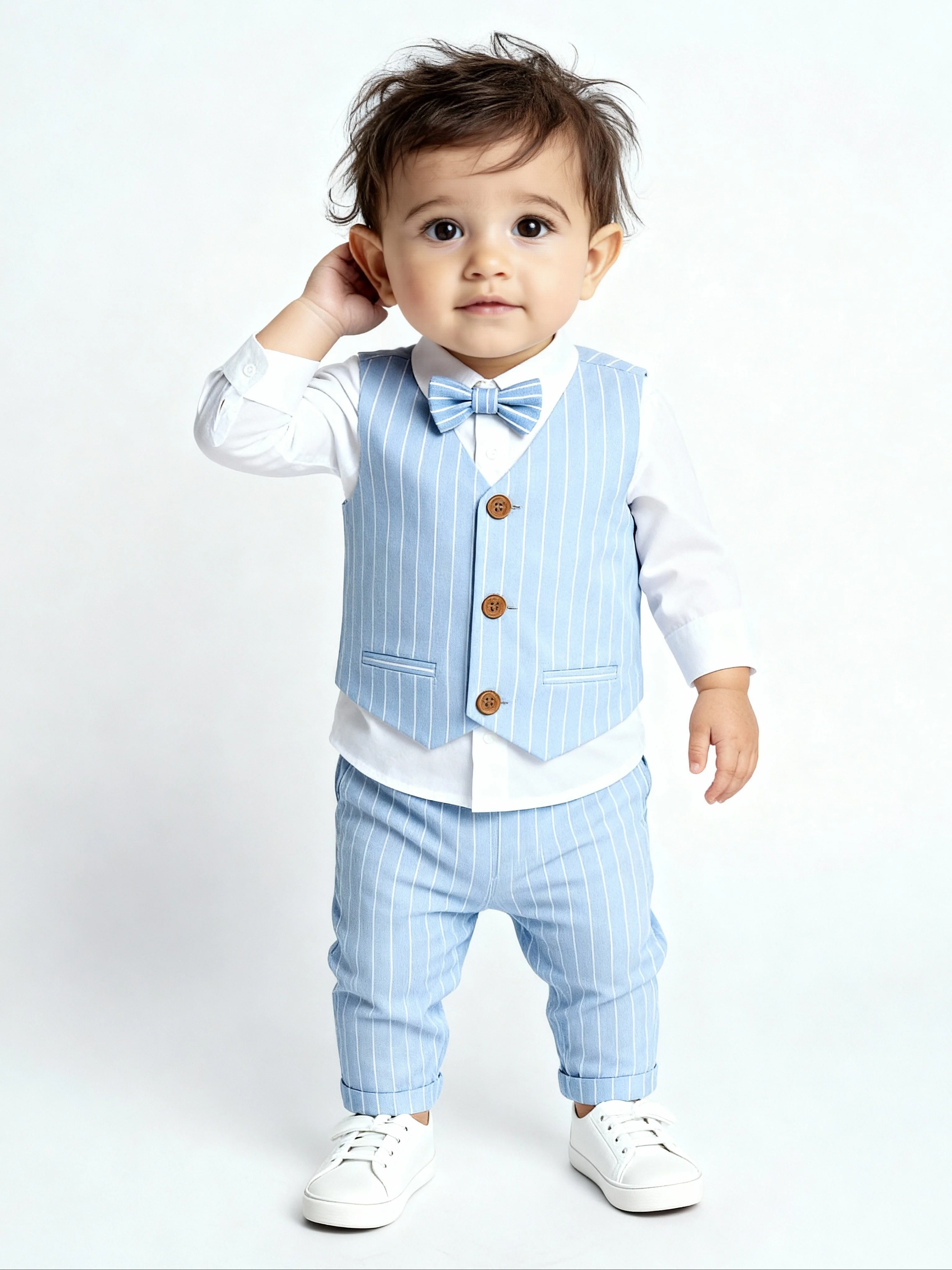 HOP Baby Boys Blue Striped Cotton Waistcoat, Shirt, Pants and Bow Set