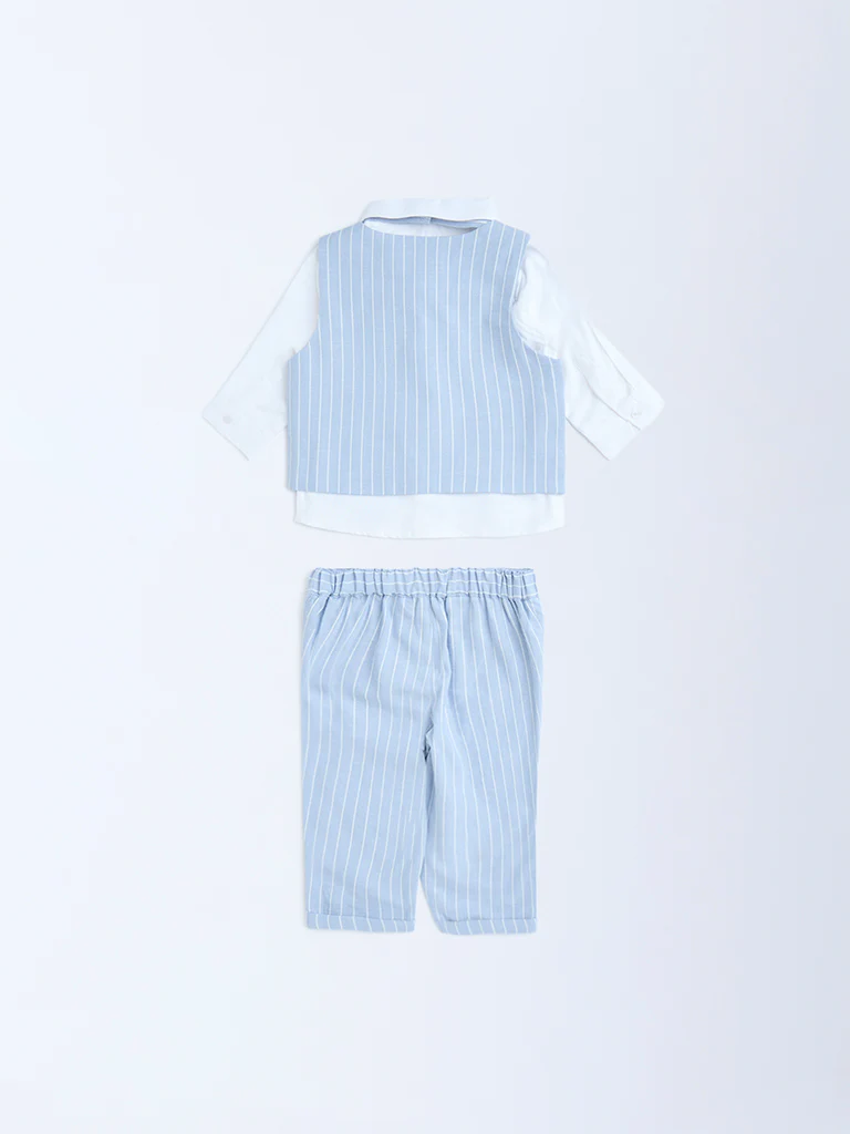 HOP Baby Boys Blue Striped Cotton Waistcoat, Shirt, Pants and Bow Set - Image 3