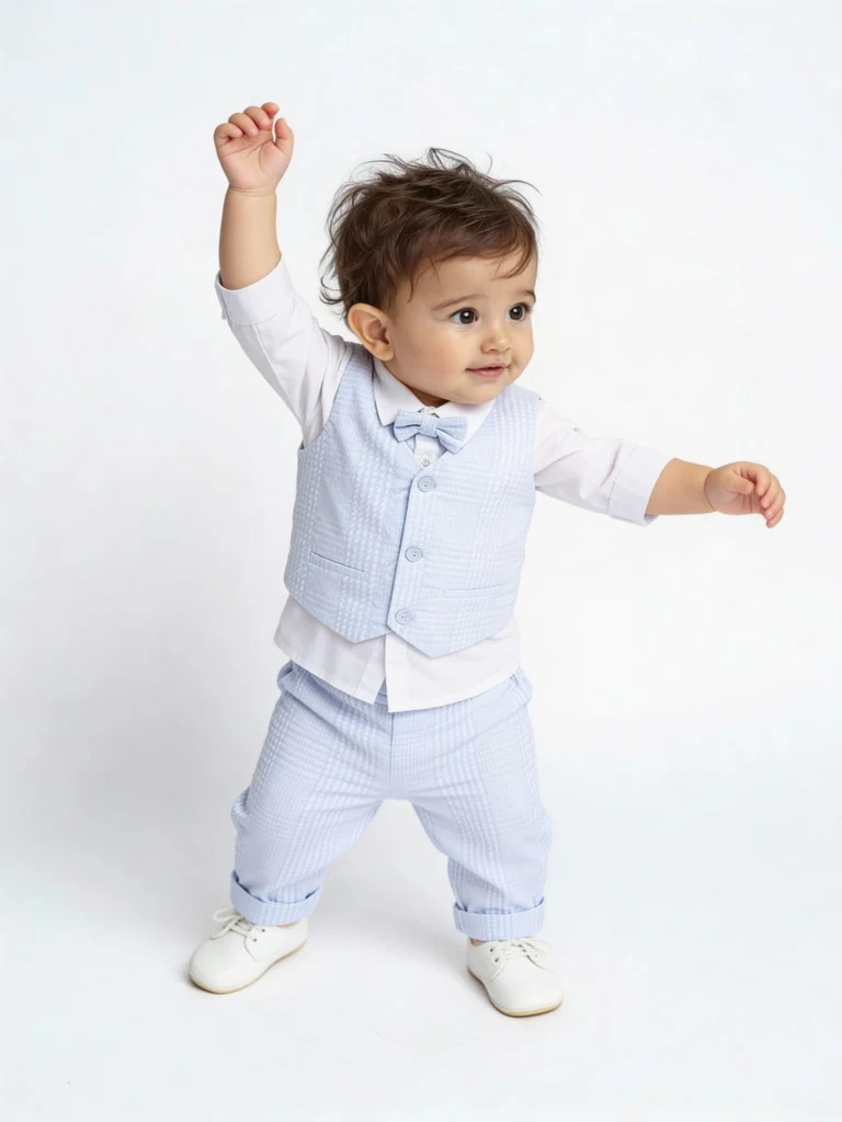 HOP Baby Boys Blue Textured Waistcoat, Shirt, Pants and Bow Set