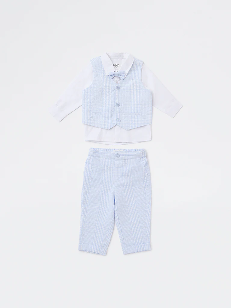 HOP Baby Boys Blue Textured Waistcoat, Shirt, Pants and Bow Set - Image 2