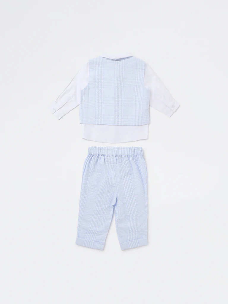 HOP Baby Boys Blue Textured Waistcoat, Shirt, Pants and Bow Set - Image 3