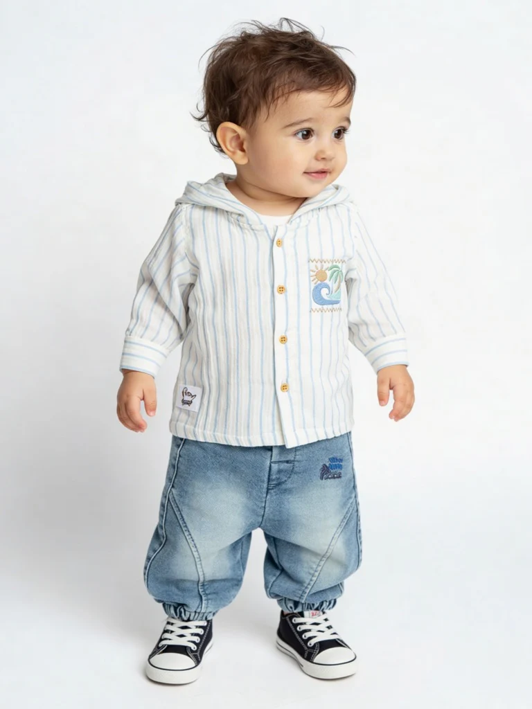 HOP Baby Boys Blue Washed Mid-Rise Denim Joggers