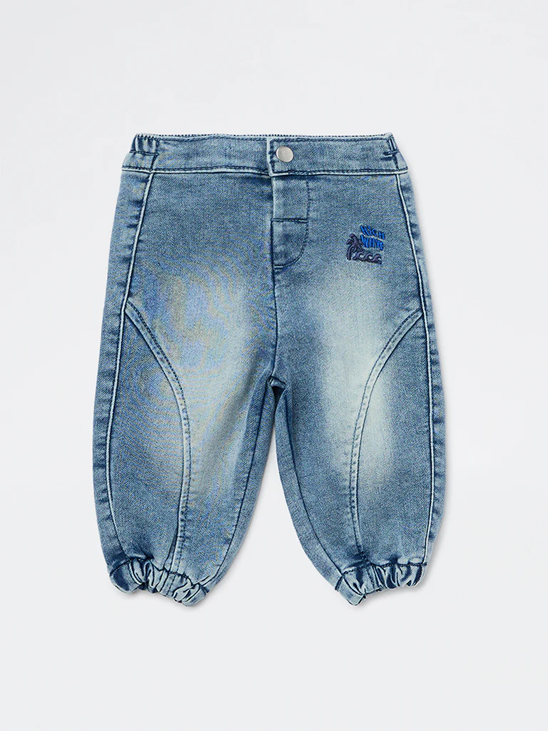HOP Baby Boys Blue Washed Mid-Rise Denim Joggers - Image 3