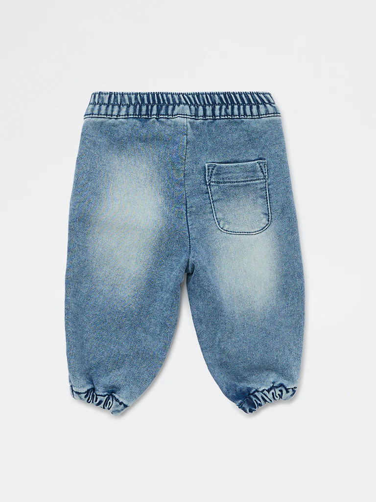 HOP Baby Boys Blue Washed Mid-Rise Denim Joggers - Image 4