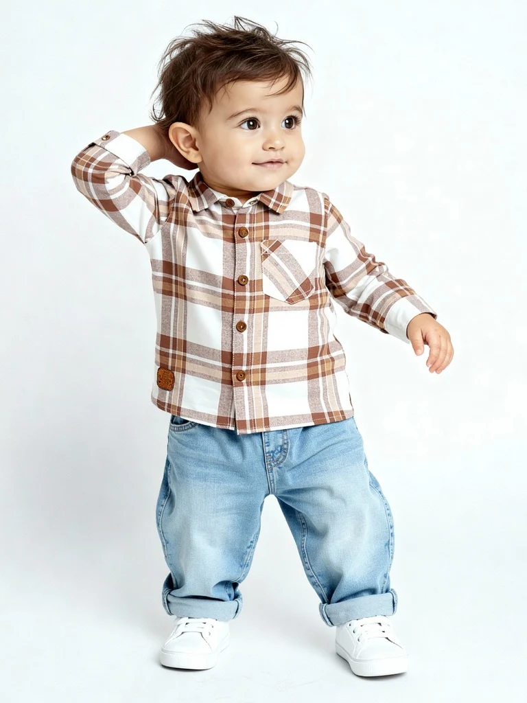 HOP Baby Boys Brown Checks Design Cotton Shirt