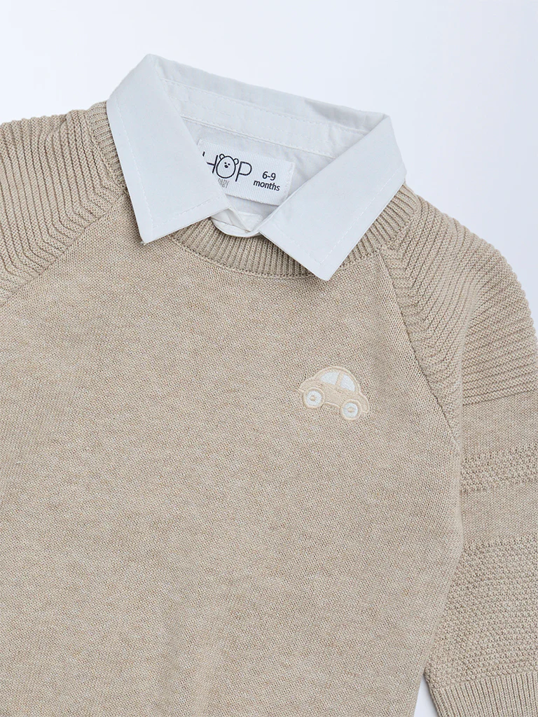 HOP Baby Boys Brown Knit-Textured Cotton Sweater - Image 4