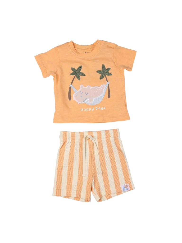 HOP Baby Boys Coral Printed Cotton T-Shirt and Shorts Set - Image 2