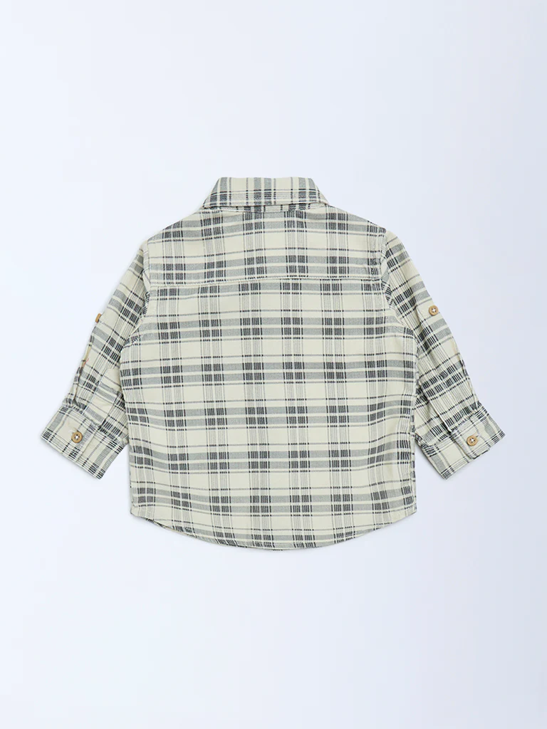 HOP Baby Boys Cream Check Printed Cotton Shirt - Image 3