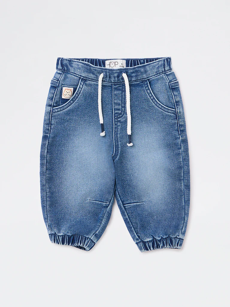 HOP Baby Boys Dark Blue Faded Mid-Rise Denim Joggers - Image 2