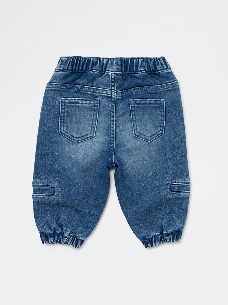 HOP Baby Boys Dark Blue Faded Mid-Rise Denim Joggers - Image 4
