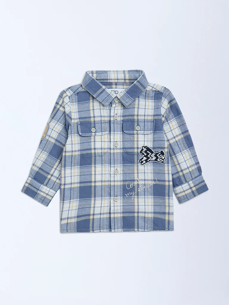 HOP Baby Boys Dusty Blue Checks Detailed Cotton Shirt - Image 2
