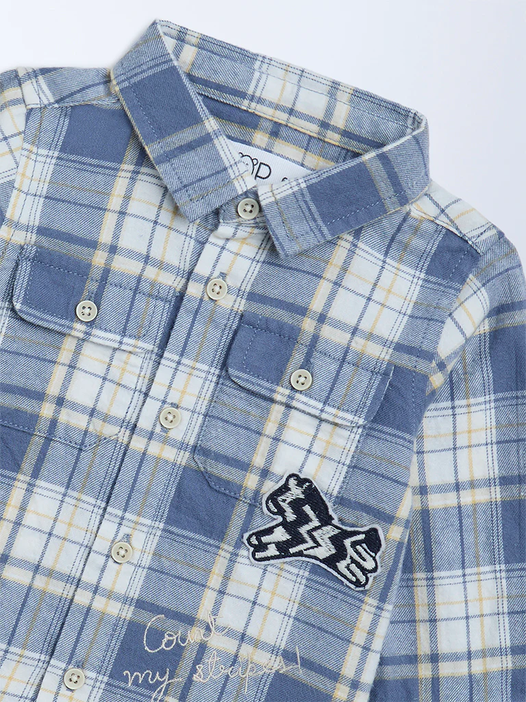 HOP Baby Boys Dusty Blue Checks Detailed Cotton Shirt - Image 4