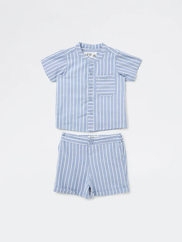 HOP Baby Boys Dusty Blue Cotton Shirt and Shorts Set - Image 2