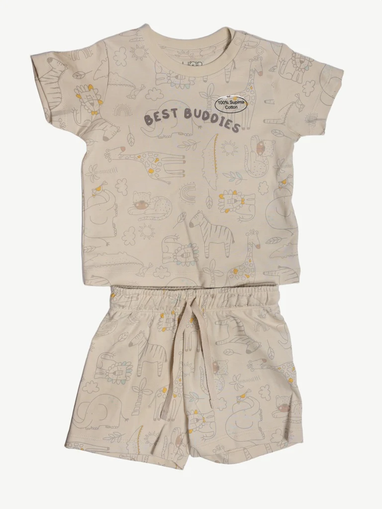 HOP Baby Boys Light Taupe Printed Cotton T-Shirt and Shorts Set